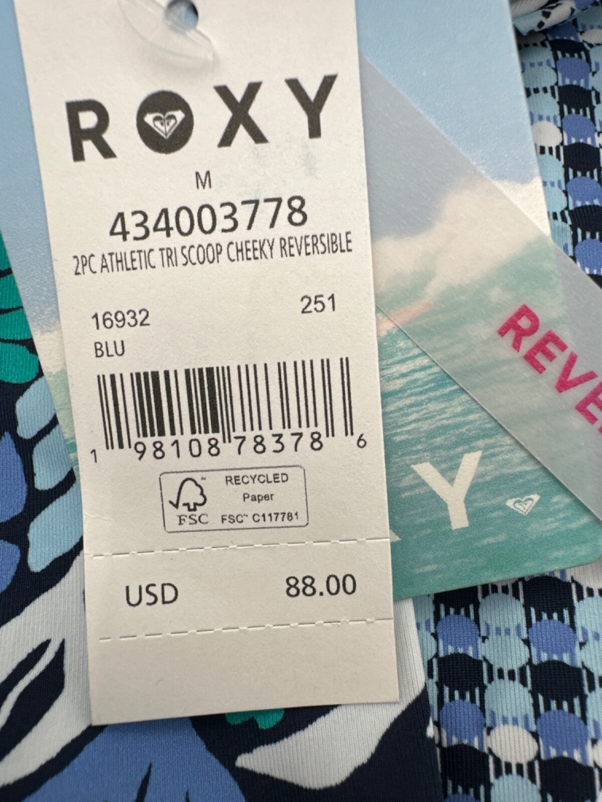 $88 Roxy Women’s Reversible Tri Scoop Cheeky Bikini Swimsuit Set Blue-Medium-New
