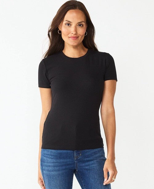 Nine West Women's Fitted Ribbed Crewneck Top Shirt - Black - Small