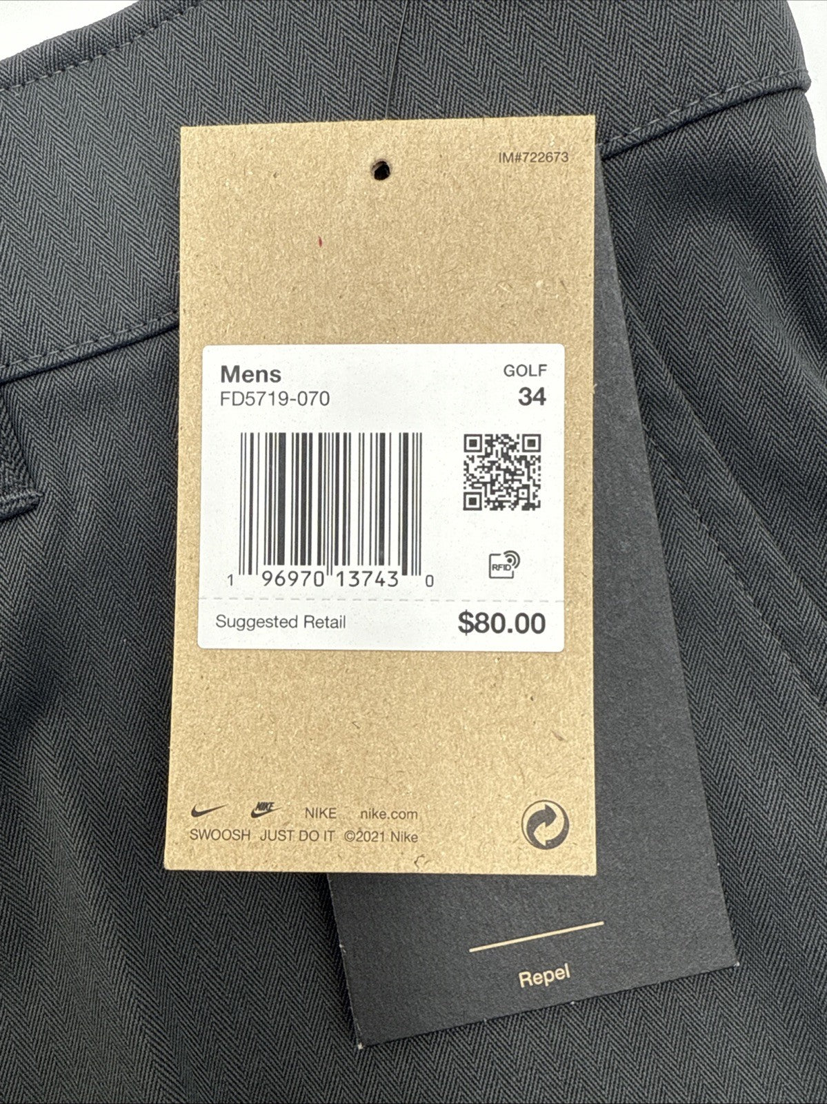 $80 Nike Men’s Tour 10" Chino Golf Shorts FD5719-070- Smoke Grey-Size: 34W-New