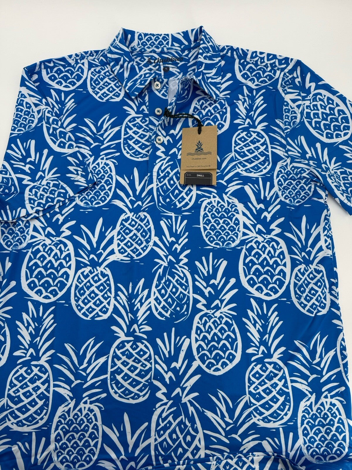 Chubbies Men's The Thigh Napple Performance Polo Shirt- Blue Pineapple-Small-New