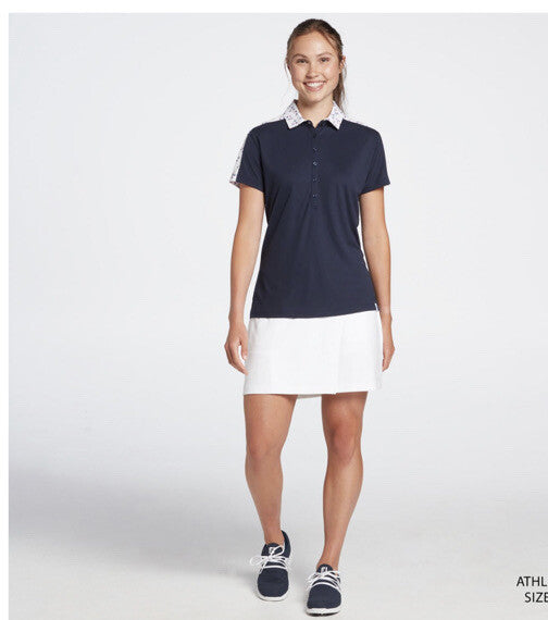 Lady Hagen Women's Printed Block Golf Polo Shirt - Navy/white - Medium - New $55