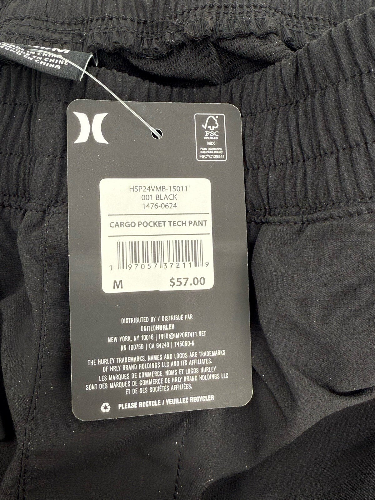 Hurley Men's Tech Cargo Jogger Pants - Black - Medium- New With Tags