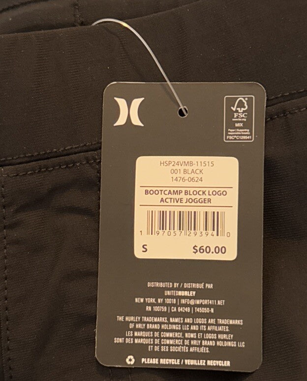 $60 Hurley Men's Bootcamp Block Logo Active Woven Joggers- Black - Small - New