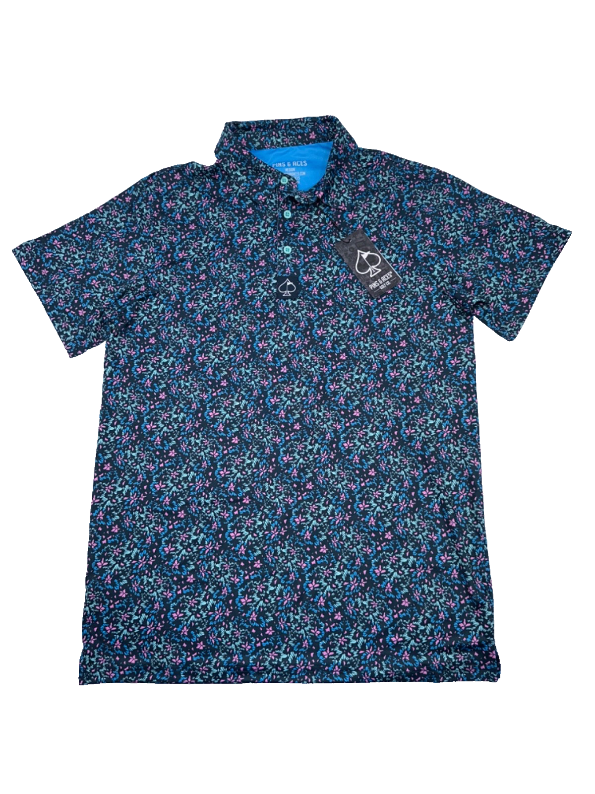 $70 Pins & Aces Fluorescent Floral Golf Polo- Blue/Pink - Medium - New With Tag
