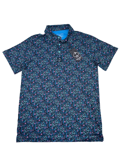 $70 Pins & Aces Fluorescent Floral Golf Polo- Blue/Pink - Medium - New With Tag