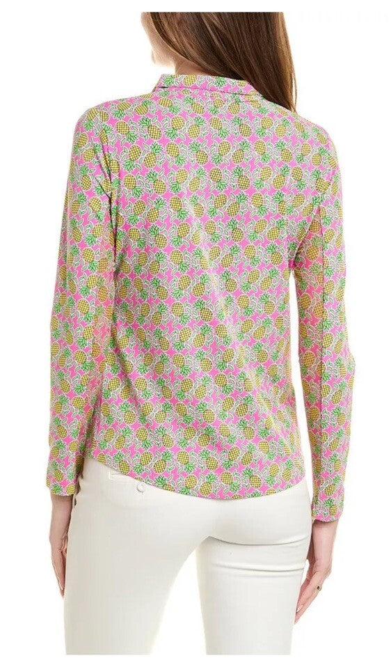 $100 Ibkul Women’s Long Sleeve Zip Mock Neck Top-Chantal Pink/Lime-Medium-New