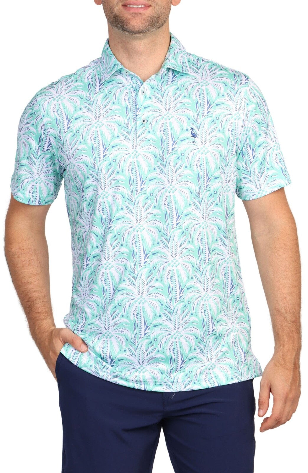 $80 TailerByrd Men's Palm Tree Print Performance Polo- Sea Foam - Small - New
