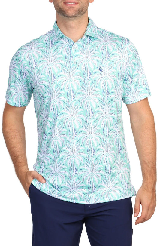 $80 TailerByrd Men's Palm Tree Print Performance Polo- Sea Foam - Small - New