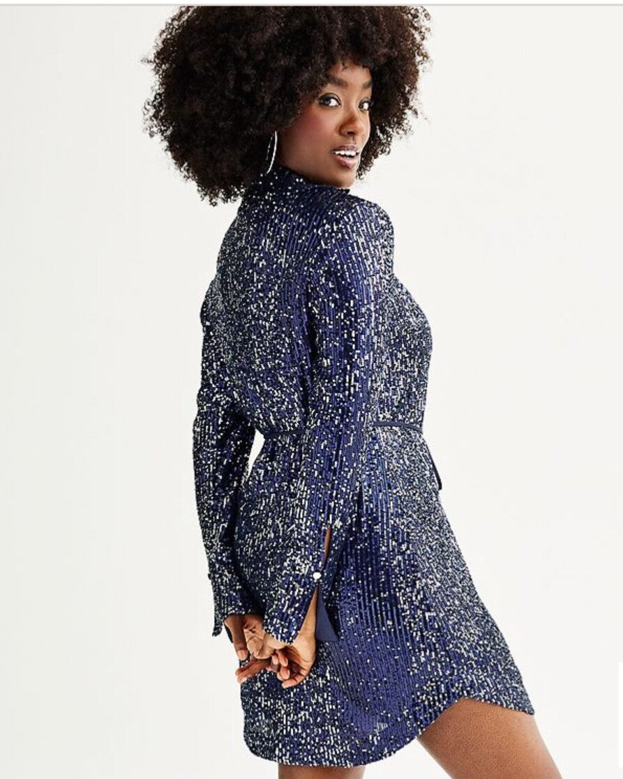 $69 Intempo Women’s-Sequin Button Up Dress-Navy Sparkly -Medium-New With Tag