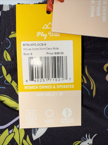 $105 Wild Rye Women’s Mountain Bike Shorts 6” - Black Kendall Deco Birds- Size 6