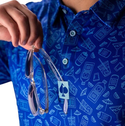 $70 Pins & Aces Men’s Happy Hour Performance Stretch Polo-Blue Bonnet-Medium-New