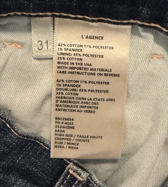 $287   L’agence Paris -Women’s Sada- High Rise  Cropped Slim - Mesa- Size 31