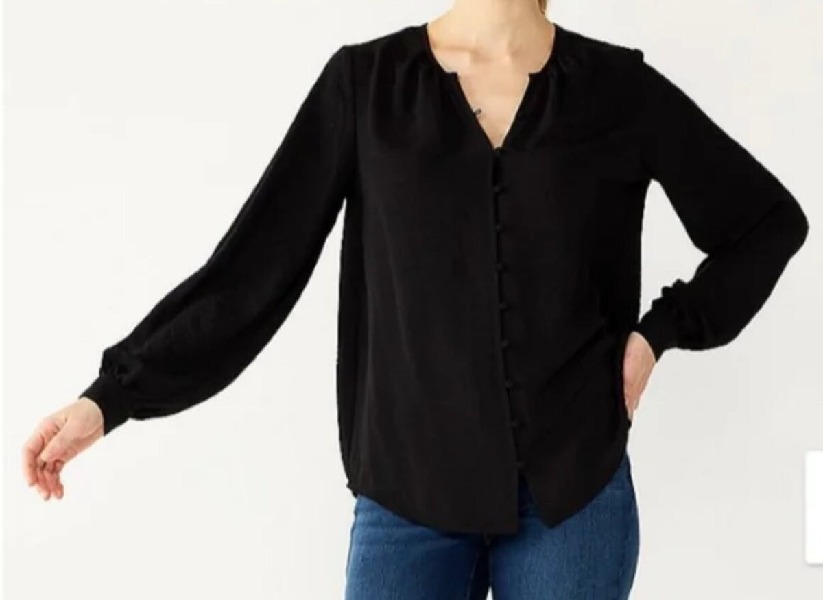 Nine West Women’s- V-Neck Button Down Shirt -Black- Small-New Tag