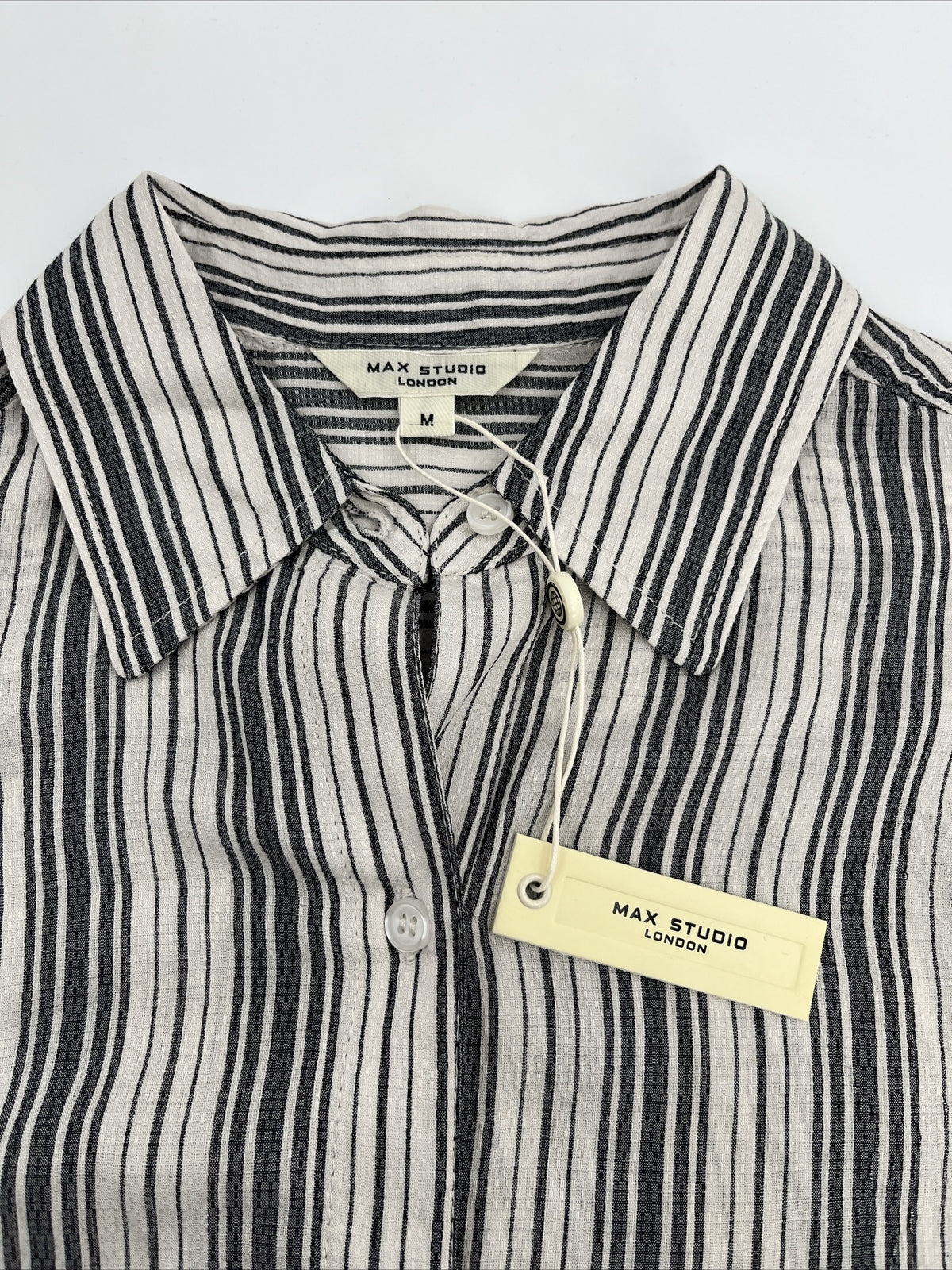 Max Studio Women’s Collard Stripes Blouse Long Sleeve-Black/White-Medium-New $98