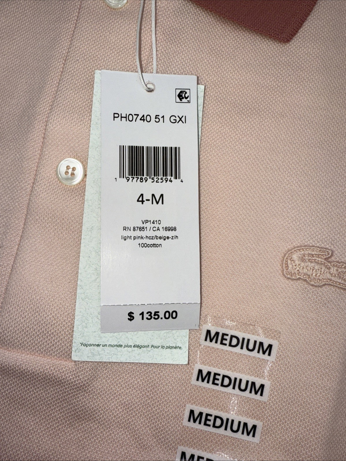 $135 Lacoste Men's Ombre Pique Polo - Light Pink - Medium - New With Tag