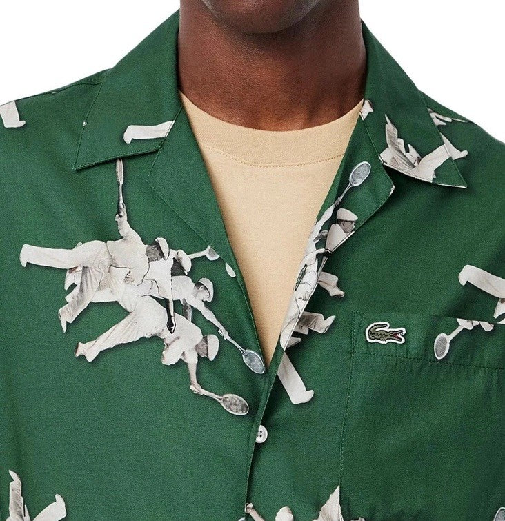 $140 Lacoste Men's S/Sleeve Rene Retro Graphic Print Camp Shirt-Green-Medium