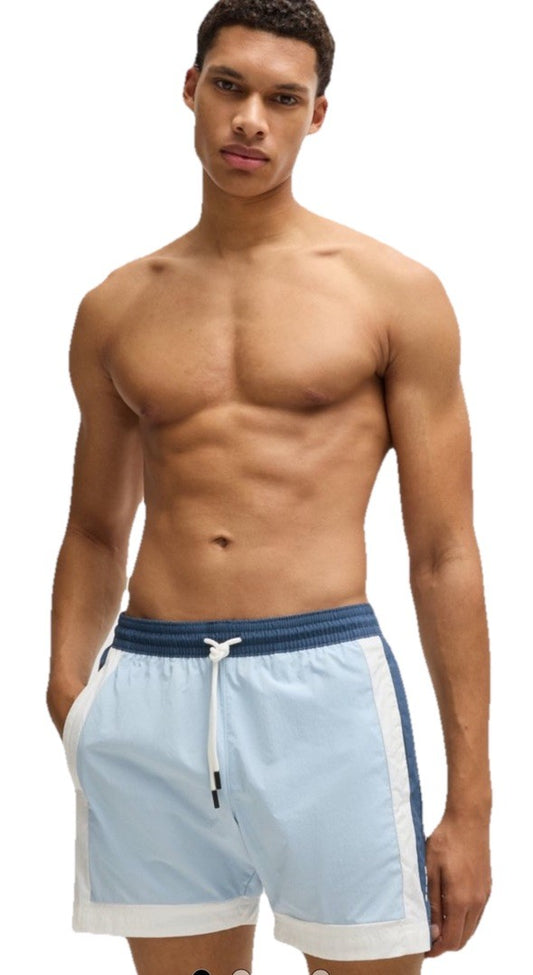 $68 Hugo Boss Men's Remy Colorblock Swim Trunks- Blue Multi- Large-New Tag