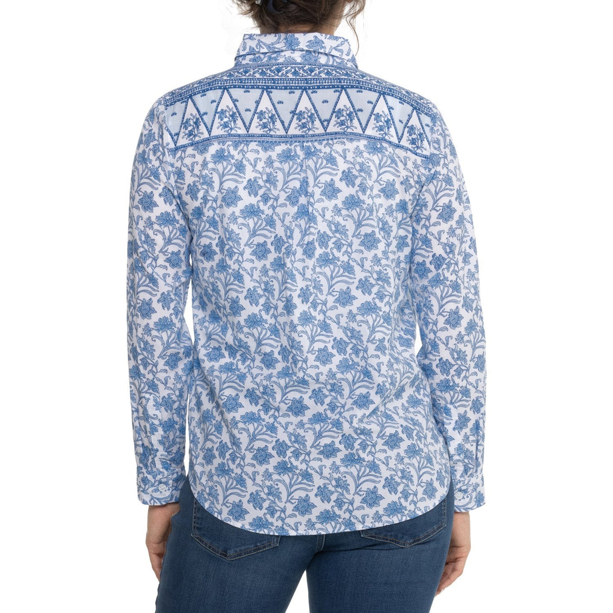 $80 Lucky Brand Women's Printed Button Down Longsleeve Shirt-Blue/White -Medium