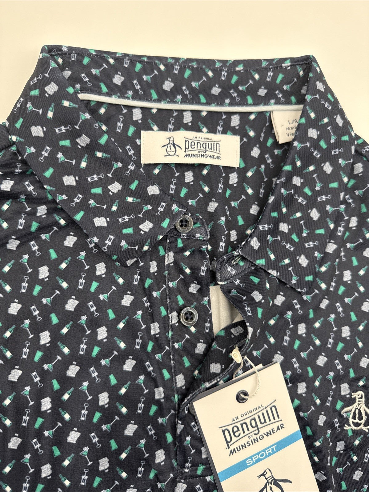$90 Original Penguin Men’s All Over Augusta  Golf PoloShirt-Black Iris-Large-New