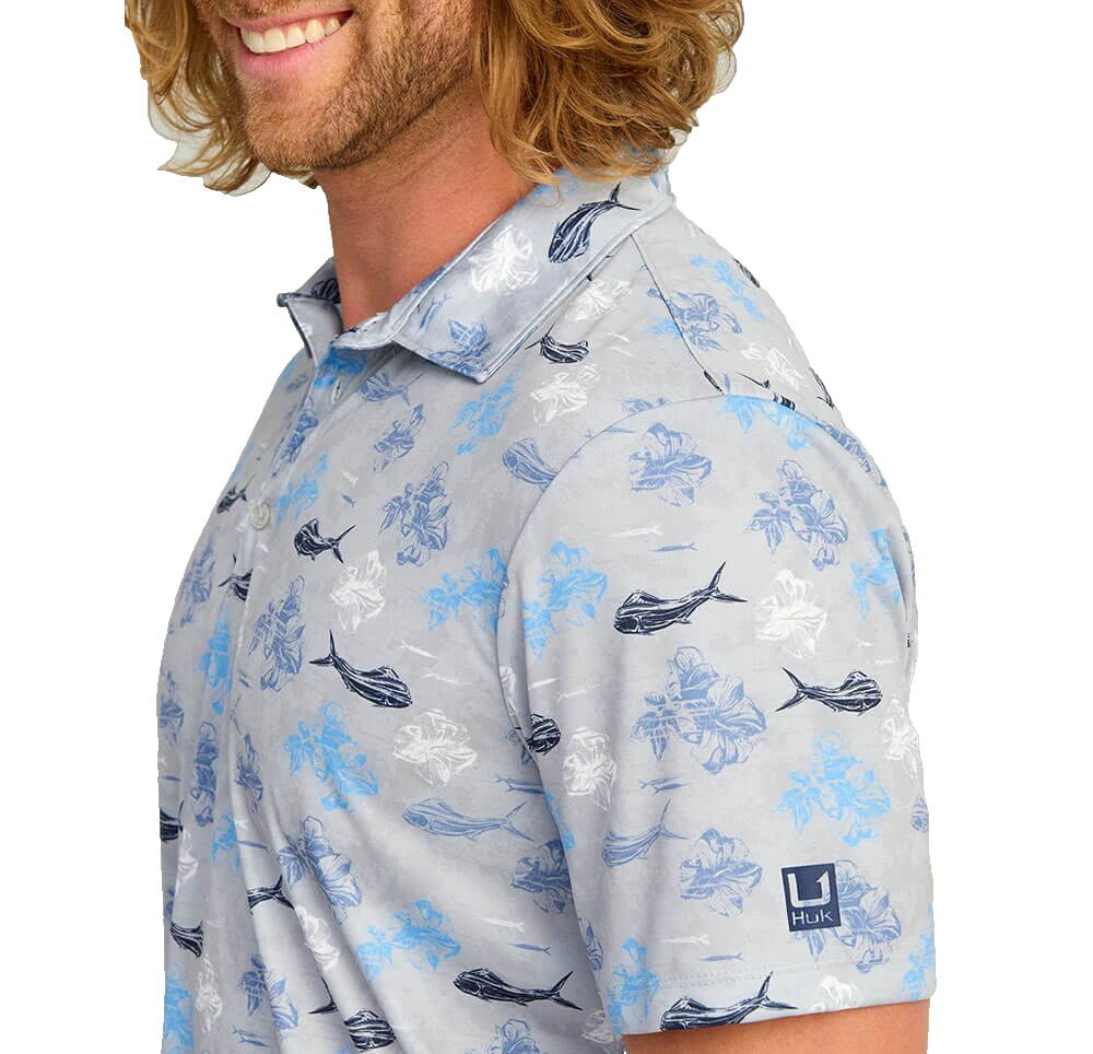 $55 Huk Men's KC Pursuit Printed Polo Shirt - Marolina Blue - Large - New Tag