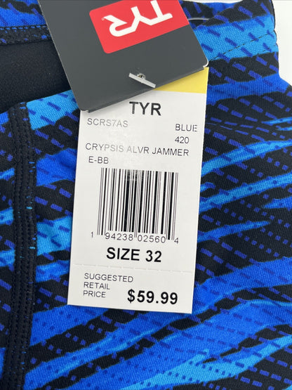 $60 TRY Men's Crypsis All-Over Jammer Swimsuit - Blue / Black- Size: 32- New Tag