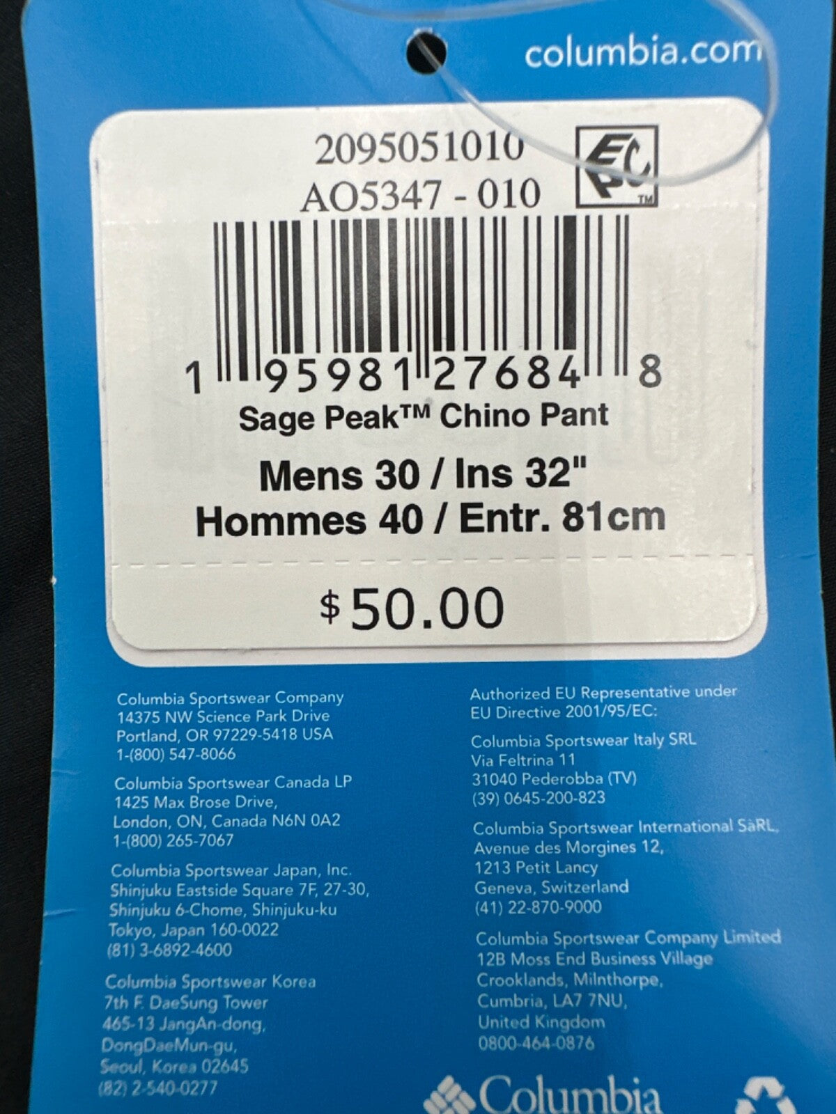 $50 Columbia Men's Chino Pants - AO5347010 - Black - 30W x 32L - New With Tags