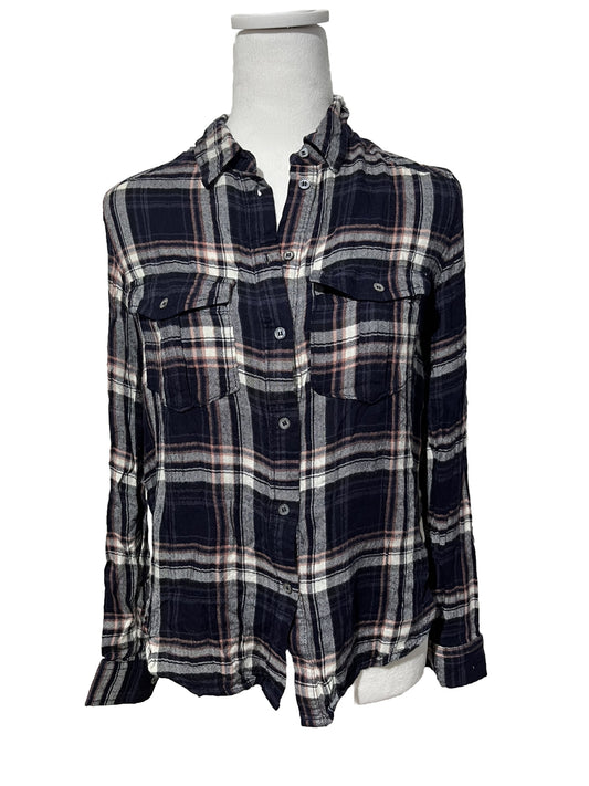PAIGE Women's Super Soft Plaid Long Sleeve Shirt-Navy Multi-Small-New Tag $190
