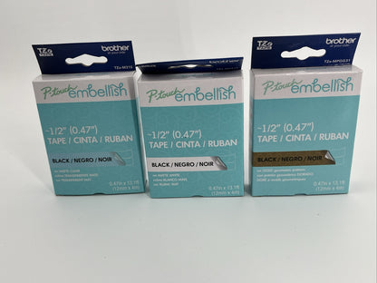 3 X Brother P-Touch Embellish Tape & Satin Ribbon ~1/2" (0.47") -NEW-LOT OF 3!