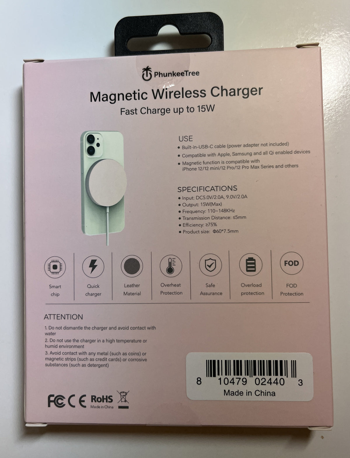Phunkee Tree Magnatic Charger Super Fast Change 15W -Pink- Apple,Samsung,Any Qi