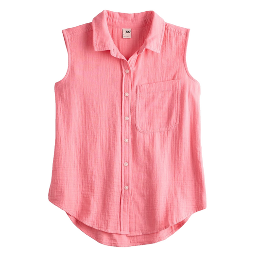 SO Women's Sleeveless Button Down Tank - Flower Coral - XSmall - New With Tag