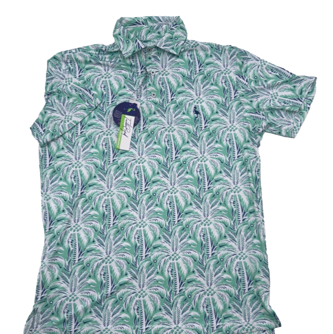 $80 TailerByrd Men's Palm Tree Print Performance Polo- Sea Foam - Small - New