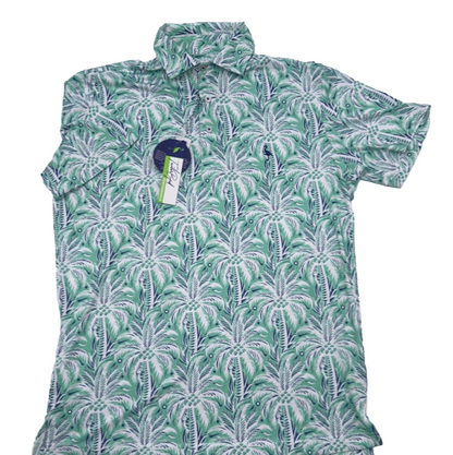 $80 TailerByrd Men's Palm Tree Print Performance Polo- Sea Foam - Small - New