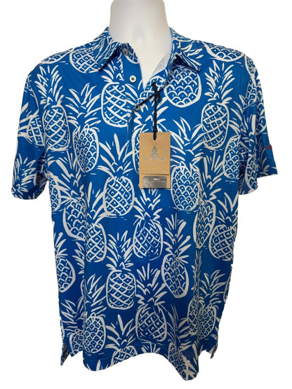 Chubbies Men's The Thigh Napple Performance Polo Shirt- Blue Pineapple-Small-New