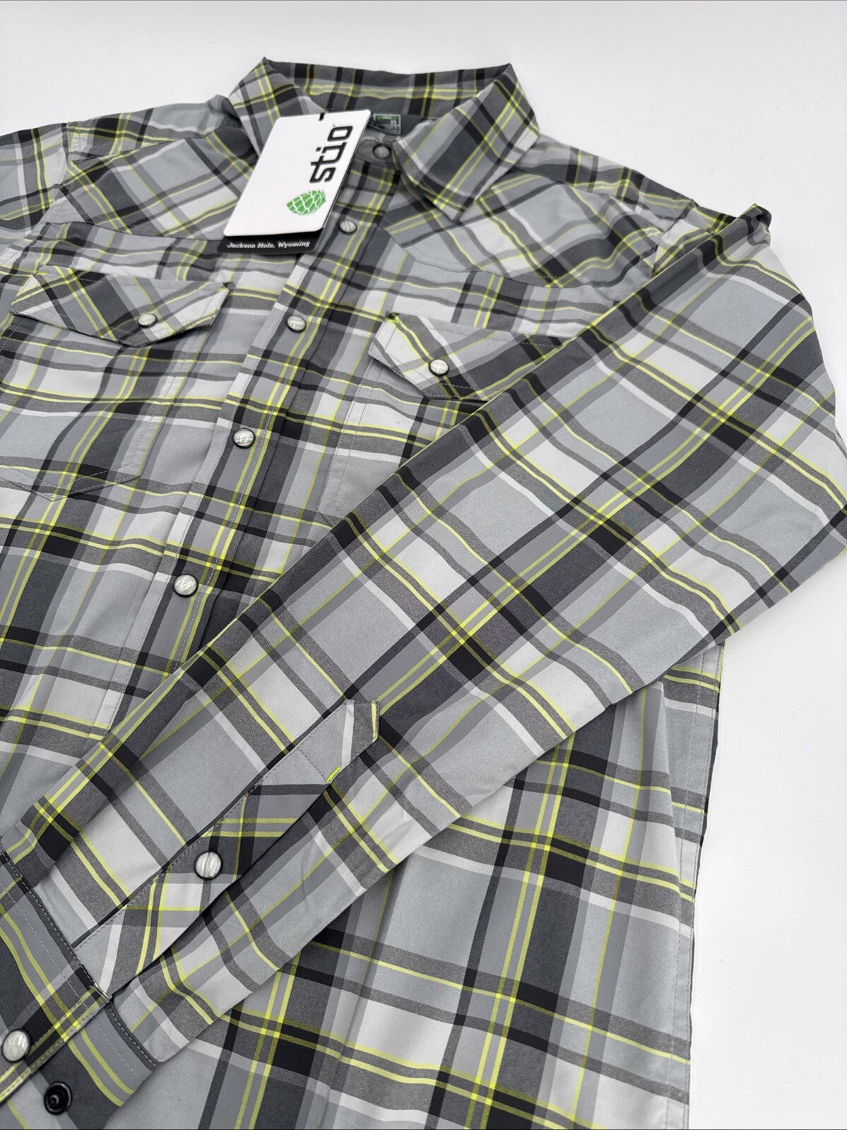$120 Stio Men’s Eddy Shirt Long Sleeve Pearl Snap-Quiet Grey Plaid -XSmall-New