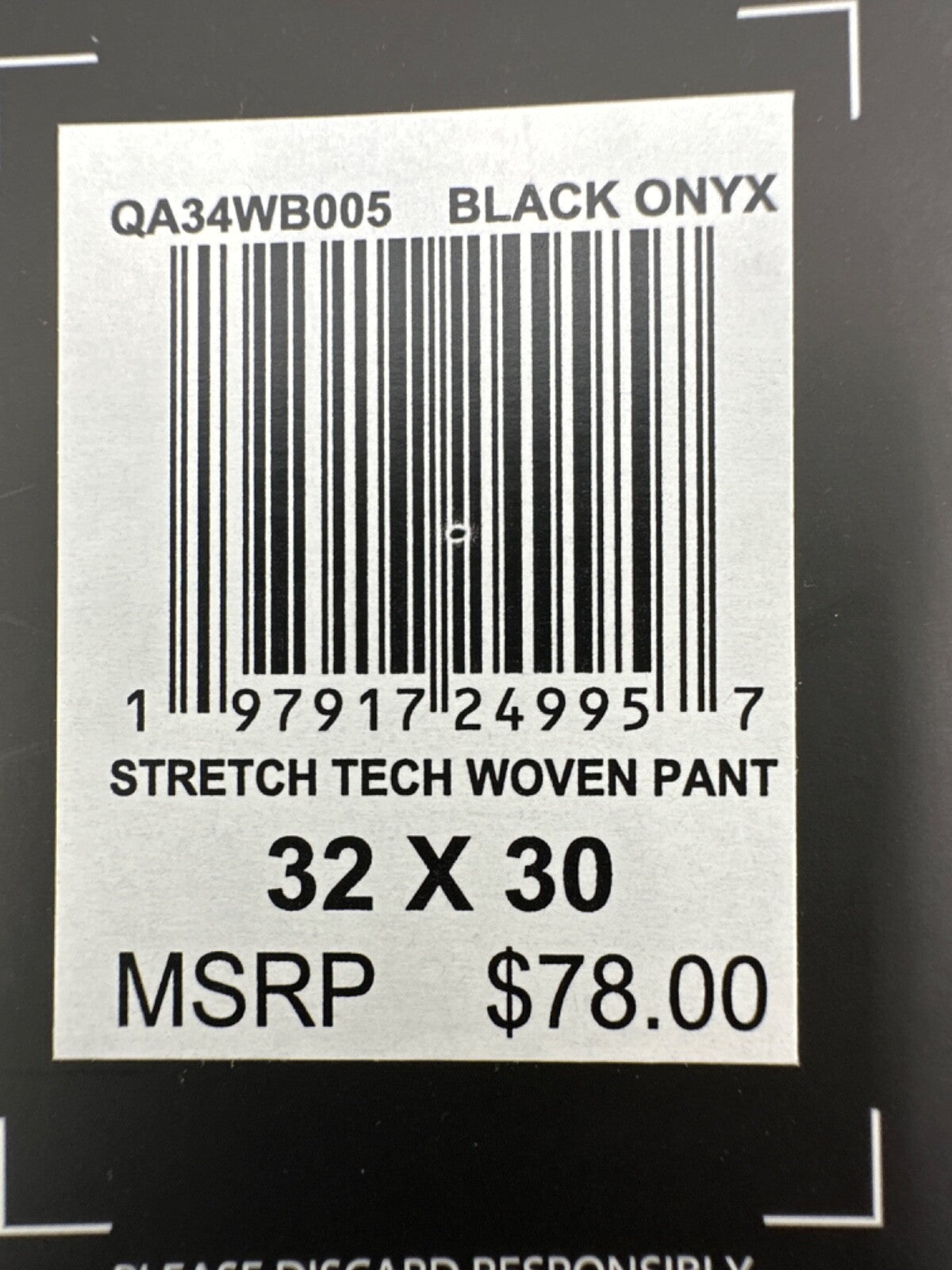 $78 Quicksilver Men’s Stretch Tech Woven Pant - Black Onyx -Size 32W x 30L -New