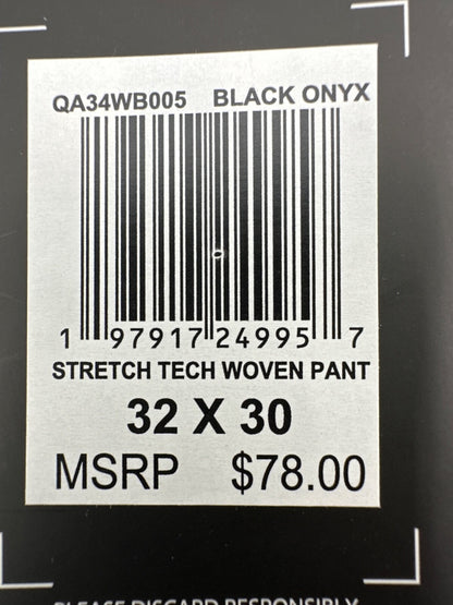 $78 Quicksilver Men’s Stretch Tech Woven Pant - Black Onyx -Size 32W x 30L -New