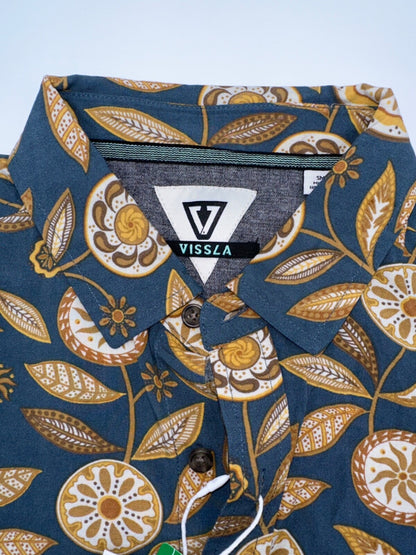$70 Vissla Men’s Woven Medallions Eco Button Down Shirt - Blue/Gold - Small-New