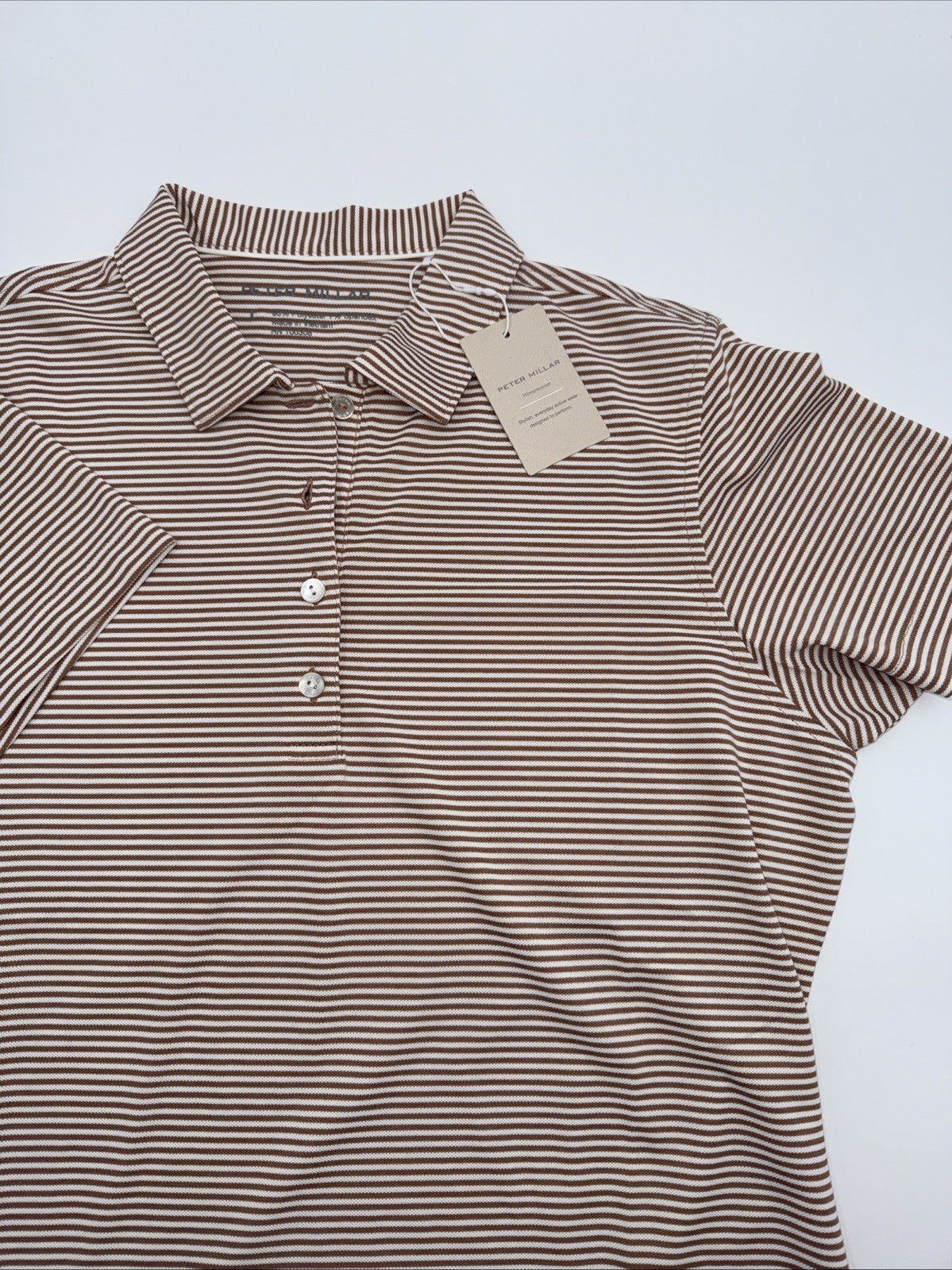 $110 Peter Millar Women's Sport Mesh Polo Shirt - Camel/Ivory - Large - New Tag