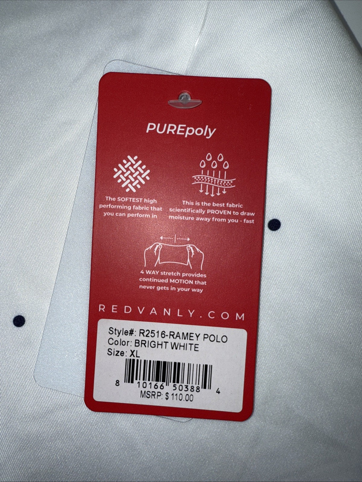 $110 Redvanly Men’s Ramey Golf Performance Polo Shirt-Bright White -XLarge -New