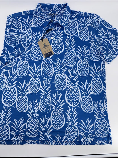 Chubbies Men's The Thigh Napple Performance Polo Shirt-Blue Pineapple-Medium-New