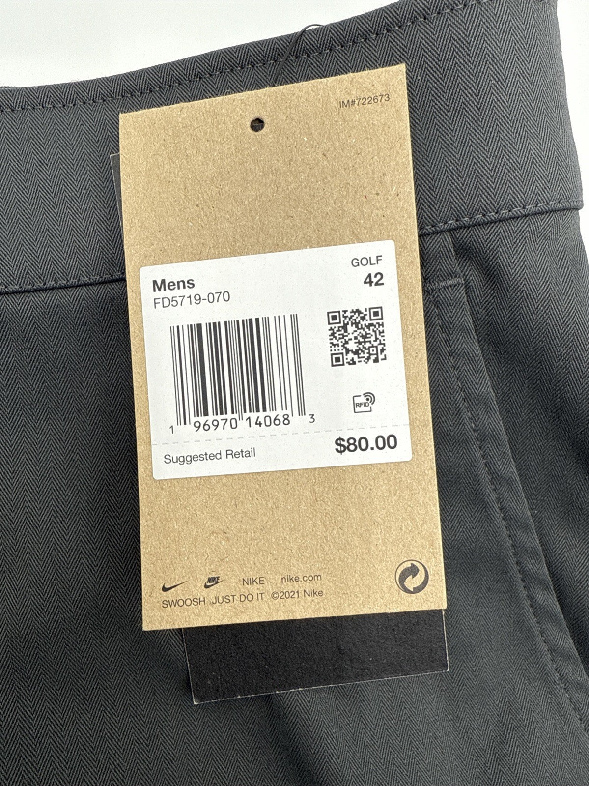 $80 Nike Men’s Tour 10" Chino Golf Shorts FD5719-070- Smoke Grey-Size: 42W-New