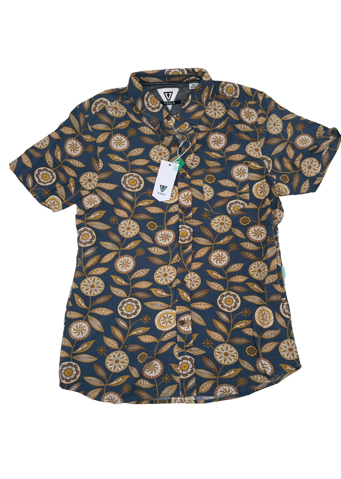 $70 Vissla Men’s Woven Medallions Eco Button Down Shirt - Blue/Gold - Small-New