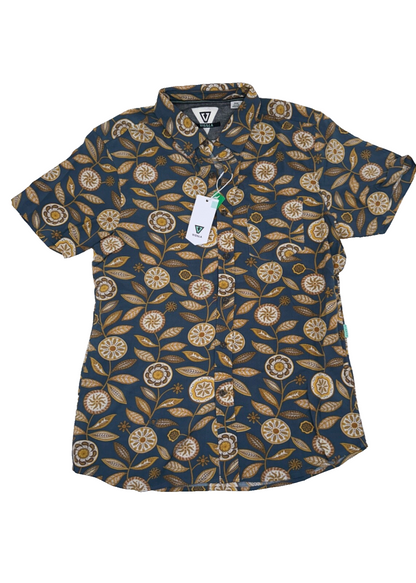 $70 Vissla Men’s Woven Medallions Eco Button Down Shirt - Blue/Gold - Small-New