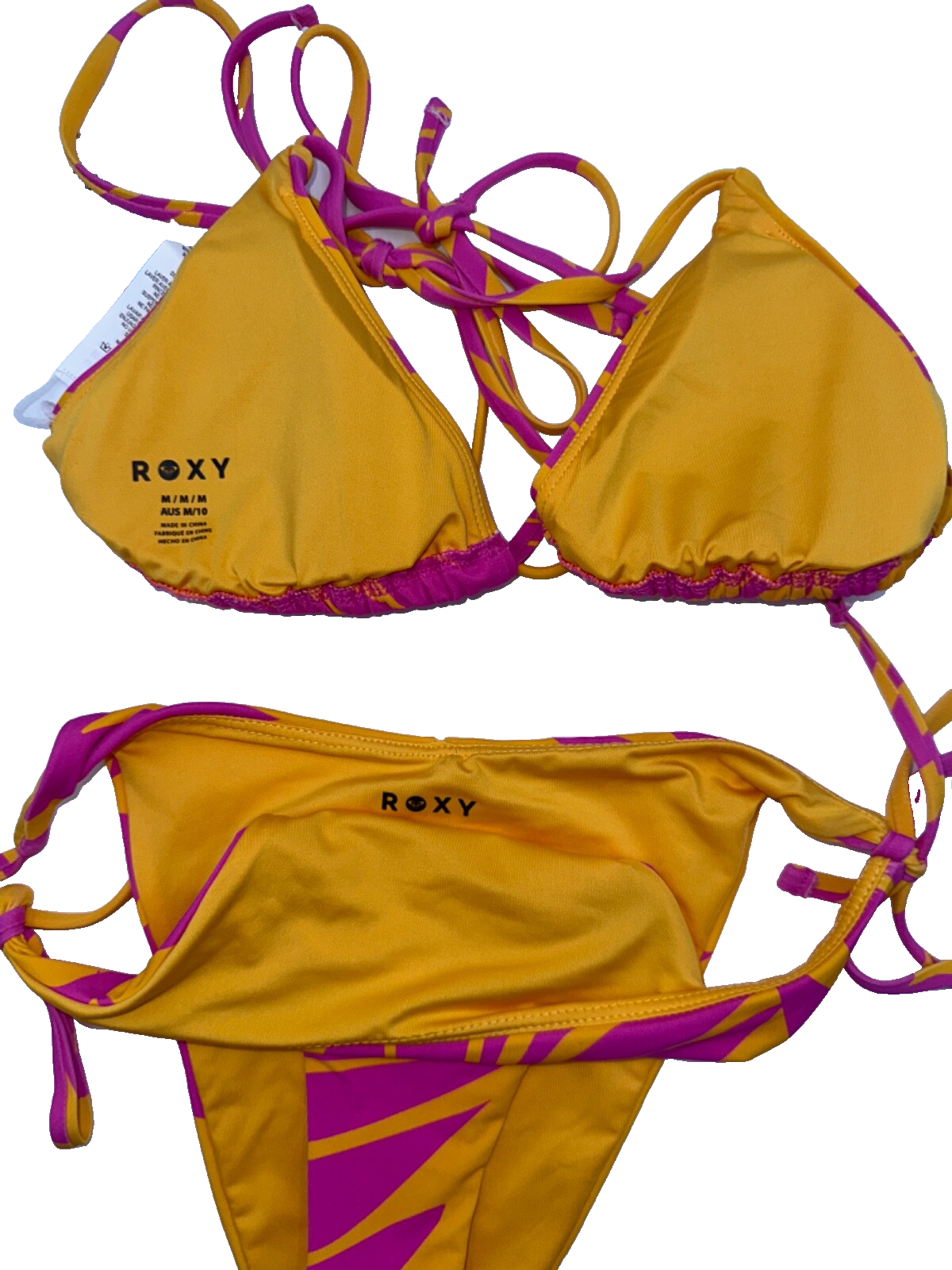 $86 Roxy Women's Tiki Triangle Top & Side Tie Bottoms Bikini Set - Pink-Medium