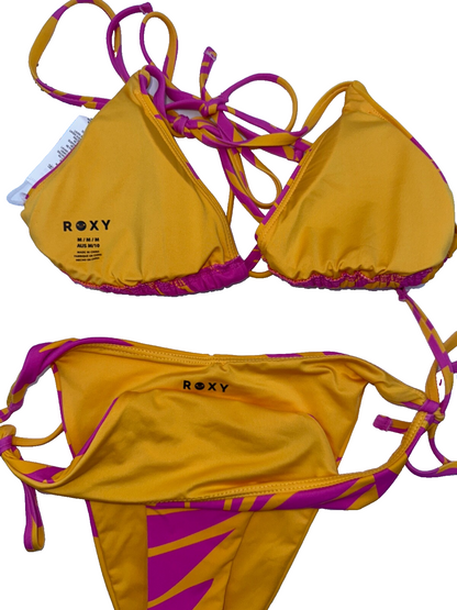 $86 Roxy Women's Tiki Triangle Top & Side Tie Bottoms Bikini Set - Pink-Medium