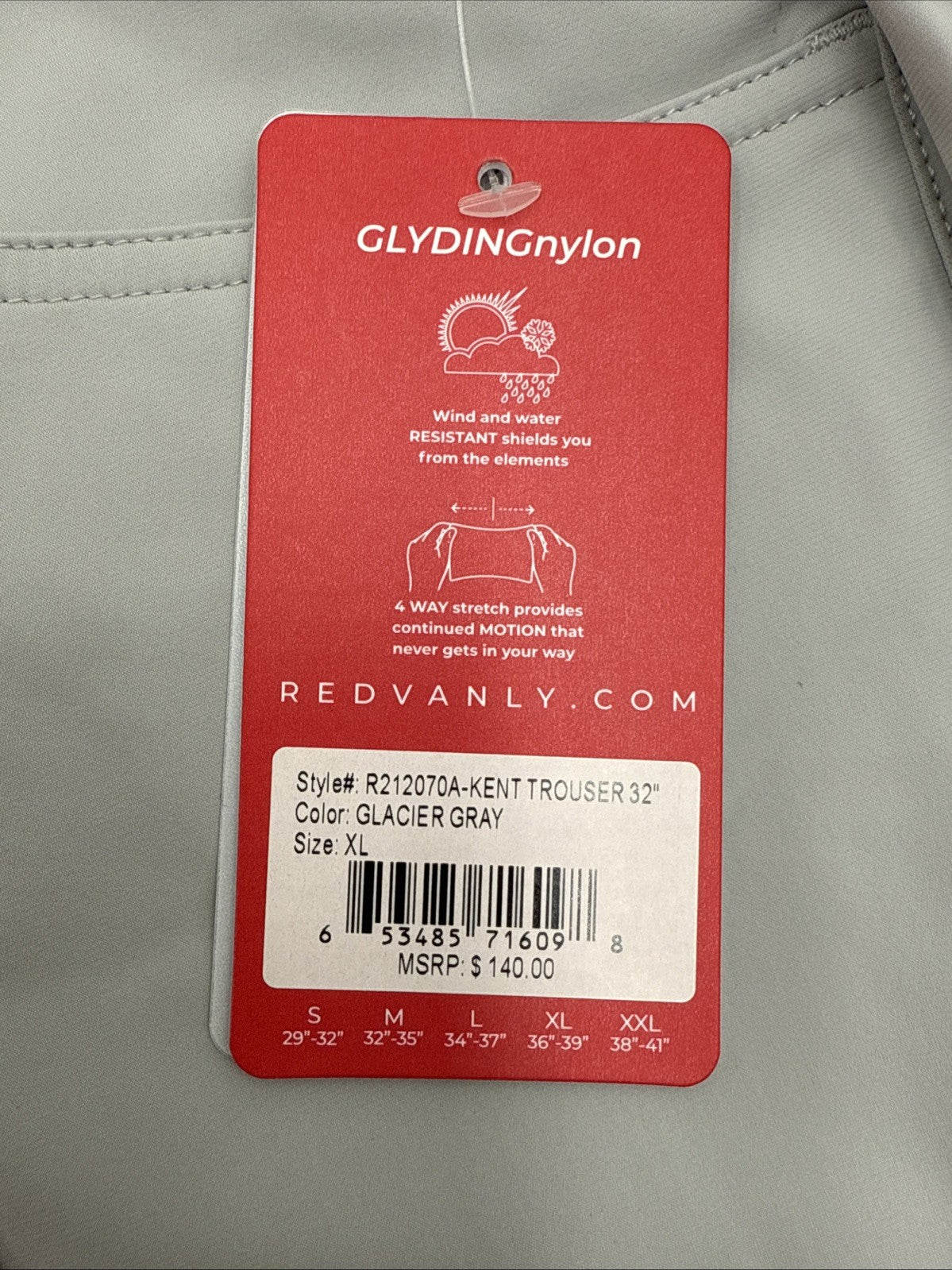 $140 Redvanly Men’s Kent Golf Pants - Glacier Gray -XLarge-- New With Tags