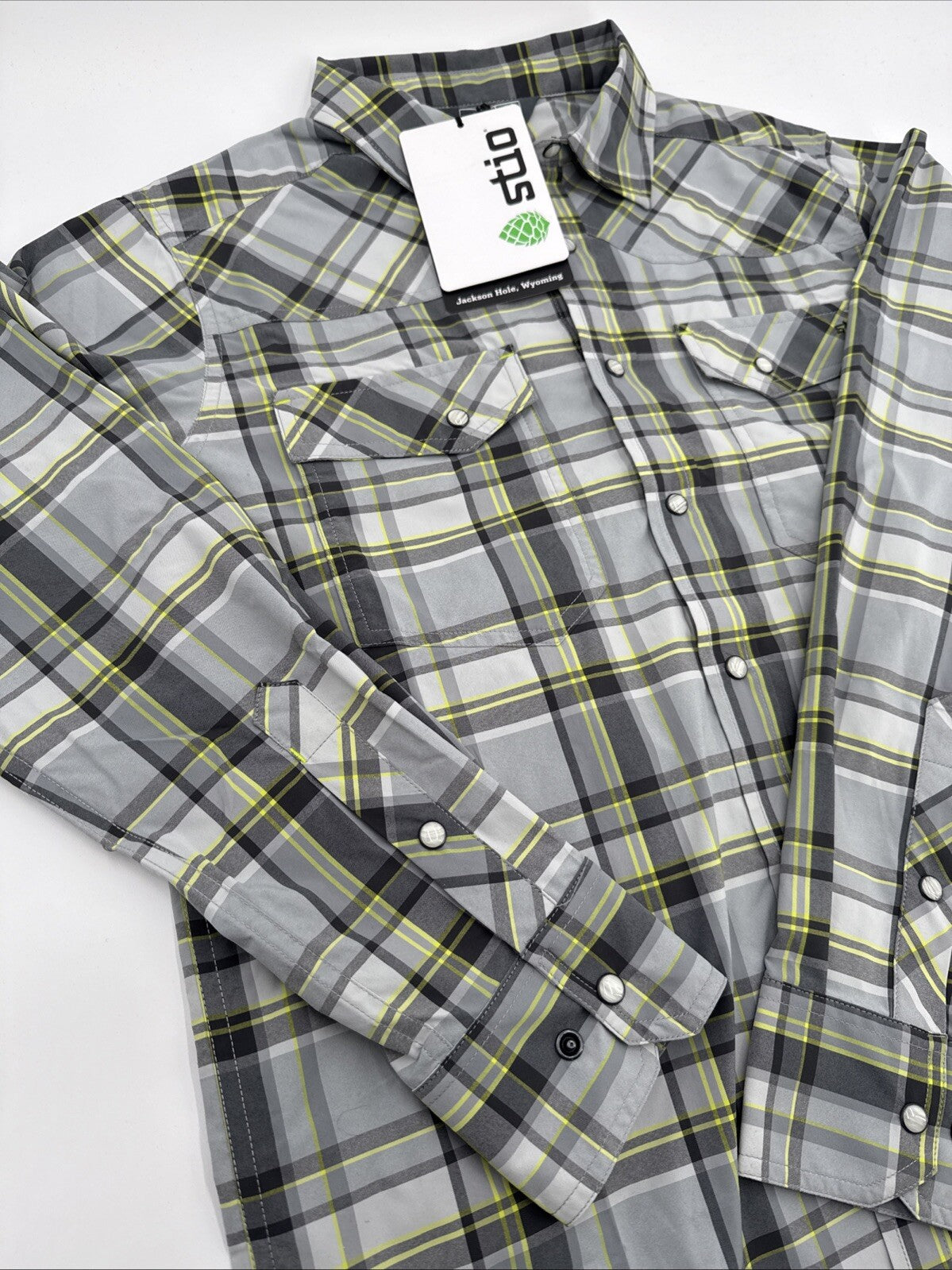 $120 Stio Men’s Eddy Shirt Long Sleeve Pearl Snap-Quiet Grey Plaid -XSmall-New