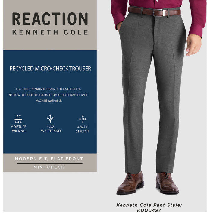 Kenneth Cole Reaction Pants Modern Fit Micro Check- Medium Gray- 30W X 32L- New