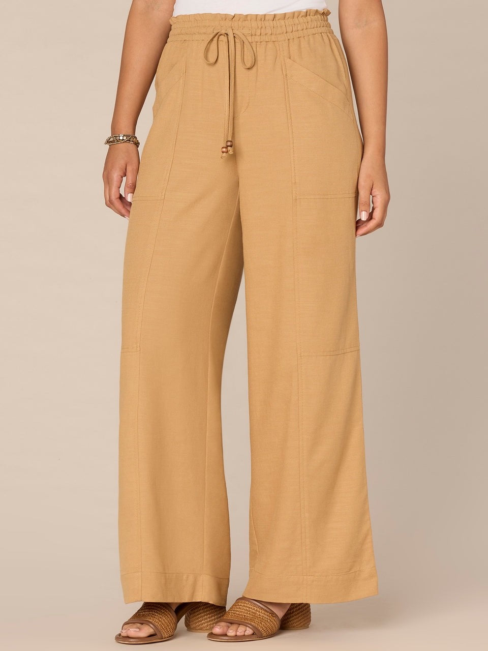 $78 Democracy Women’s  Skyrise Wide Leg Paper Bag Pants-Caramel Latte-Large-New