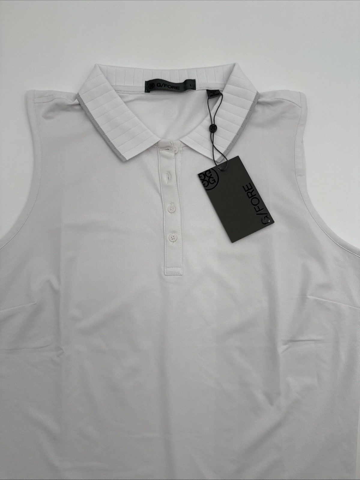 $110 G/Fore Women's Pleated Collar Pique Sleeveless Polo Shirt -Snow -Large -NEW